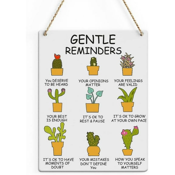 Rustic Mental Health Wood Decor Sign, Gentle Reminders Printed Wood Sign Wall Art, Positive Affirmations Hanging Door Sign, Potted Plant Wood Sign Home Therapy Office Decor 8x10