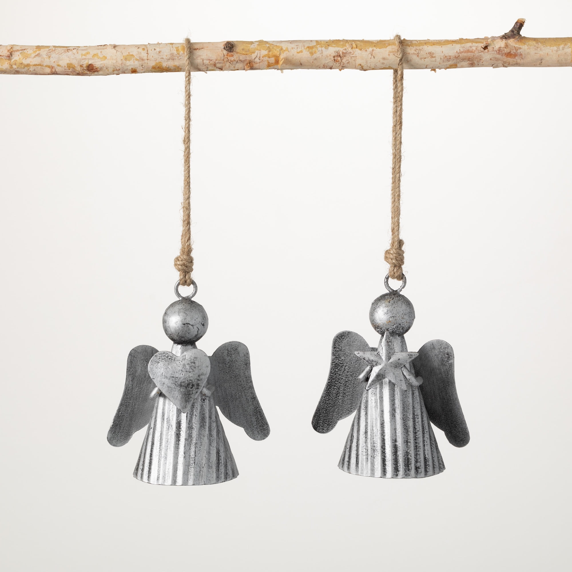 Rustic Metal Angel Ornaments Silver 5"H Metal Set of 2