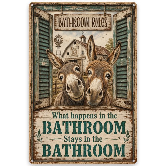Rustic Metal Bathroom Rules Sign 8x12 Inch - Barn Donkey Humor Wall Decor for Home - Vintage Farmhouse Style Iron Wall Art with Pre-Drilled Holes for Easy Hanging Indoor/Outdoor Use