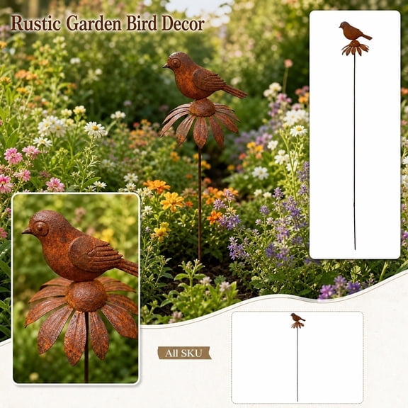 Rustic Metal Bird Garden Stake, Weather Resistant Outdoor Lawn Ornament with Silhouette Design, Decorative Yard Art for Flower Beds and Landscaping, Brown Finish