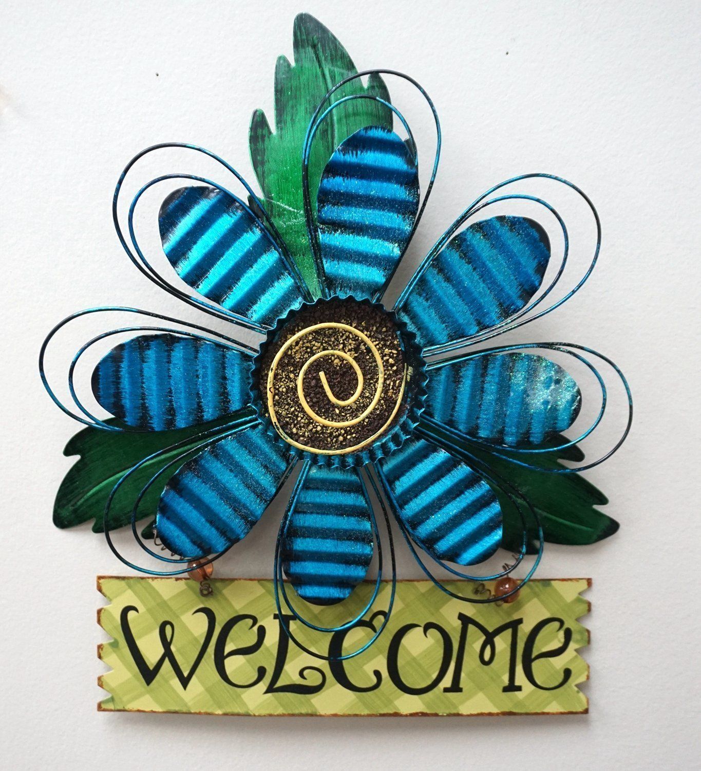 Rustic Metal Blue Flower Welcome Wall Art Decor Hanging Flower Welcome