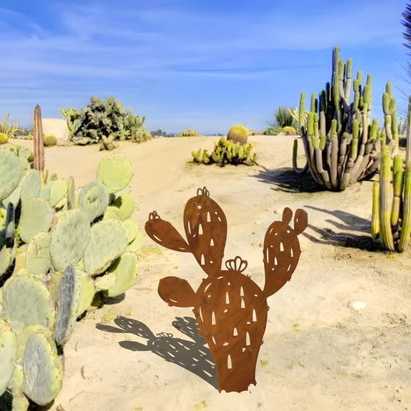 Rustic Metal Cactus Garden Stake Outdoor Decor, Vintage Iron Cactus Silhouette Yard Art, Floor Mount Plant-Themed Metal Sign for Garden, Lawn, Patio, Spring & Summer Seasonal Decoration