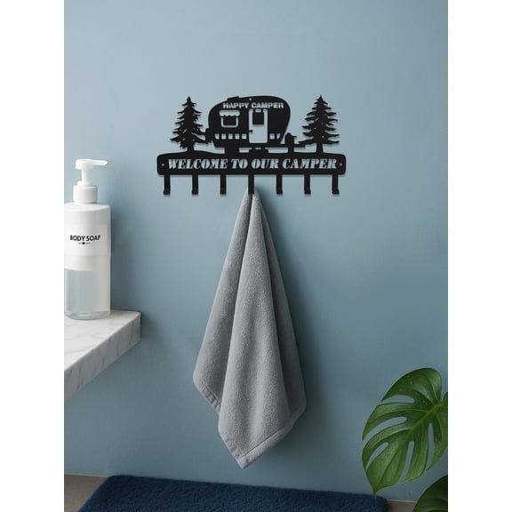Rustic Metal Camper Wall Decor with 7 Sturdy Hooks Pine Tree Pattern & Animal Design Key Holder Towel Rack for Entryway/Bathroom/Bedroom Farmhouse Rustic Boho Home Organization