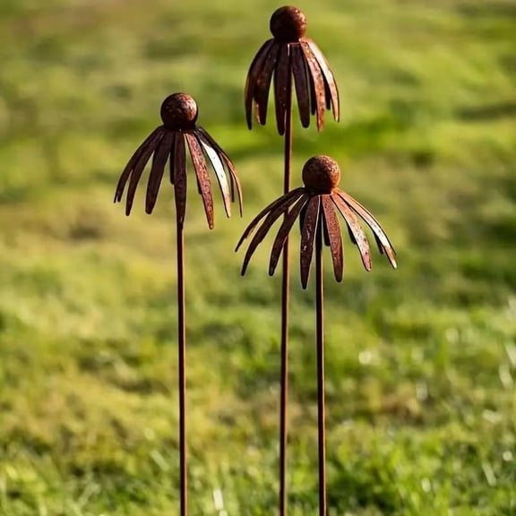 Rustic Metal Coneflower Garden Stakes, Rusted Iron Daisy Yard Art, Weather-Resistant Lawn Pathway, Patio Decor (Bronze, 1pc)