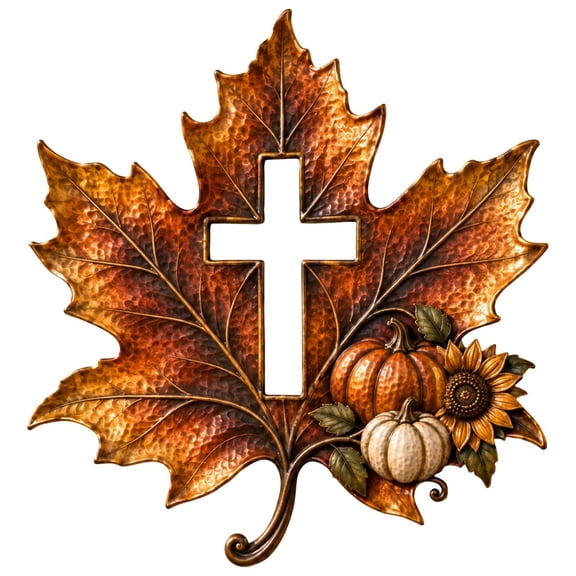 Rustic Metal Cross Wall Art, 10 Inch Rustic Bronze Fall Wall Decor Featuring Cross and Sunflower Design, Rustic Farmhouse Wall Decor with Pumpkin and Leaf for Dining Room