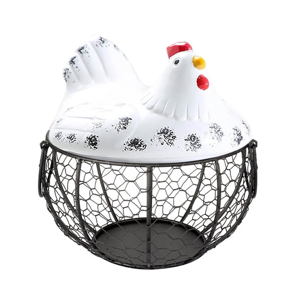 Rustic Metal Egg Basket with Ceramic Lid - Small Farmhouse Style Egg Holder Organizer for Countertop, Storage for 15 Fresh Eggs, Vintage Chicken Wire Kitchen & Home Decor