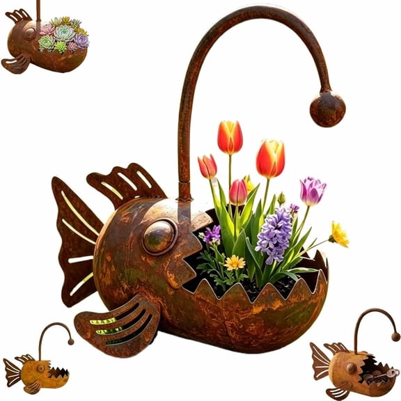 Rustic Metal Fish Planter, Rustproof Decorative Flower Pot for Garden and Patio(xxw)
