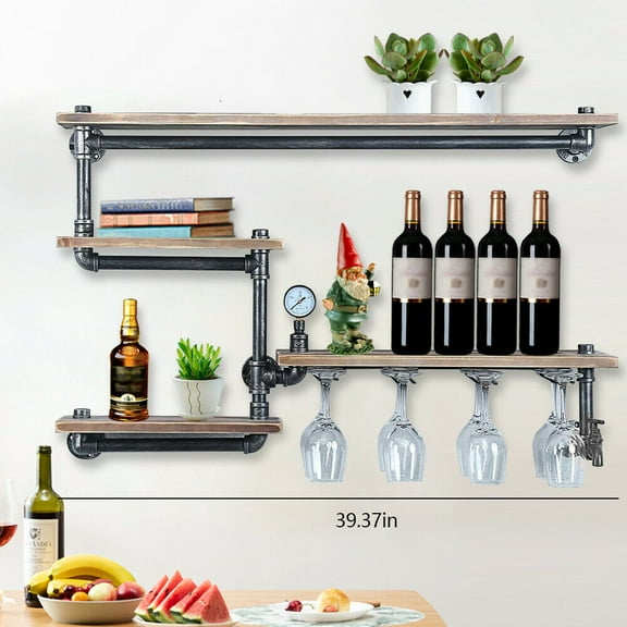 Rustic Metal Floating Bar Shelves Wall Mounted Industrial Pipe Shelf Wine Rack