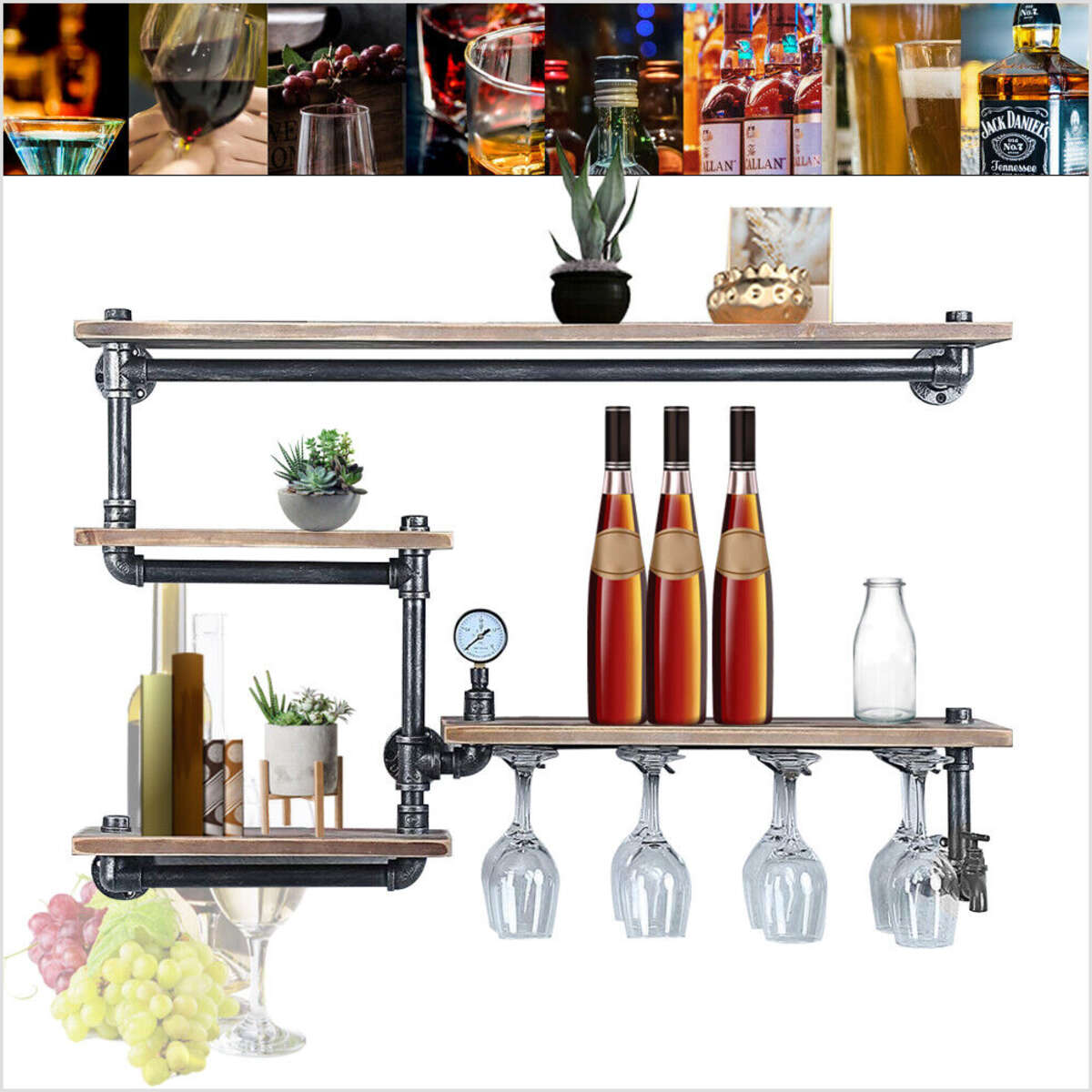 Rustic Metal Floating Bar Shelves Wall Mounted Industrial Pipe Shelf