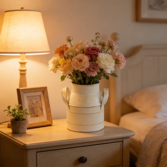 Rustic Metal Flower Bucket Vase, Shabby Chic Vintage Farmhouse Jug Vase, Milk Can with Handle for Home Decorations Floral Arrangements Table Centerpieces