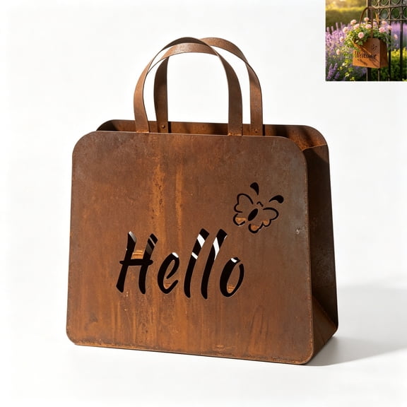 Rustic Metal Handbag Planter, Double-Sided Hello Welcome Flower Box, Vintage Farmhouse Metal Flower Pot, Waterproof Outdoor Patio Yard Art Decor, Chic Garden Balcony Ornament for Home Lawn Decoration