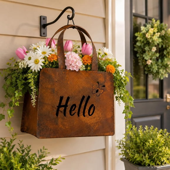 Rustic Metal Handbag Planter, Double-Sided Hello Welcome Purse Flower Box with Curved Handle, Hanging Vintage Farmhouse Planter for Wedding Front Door Porch Patio Yard Decor (1 PC)