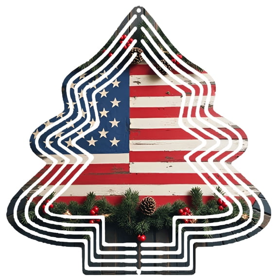 Rustic Metal Hanging Christmas Tree Wind Spinner - Pine Pinecone Design with American Flag Overlay for Yard & Garden Decor