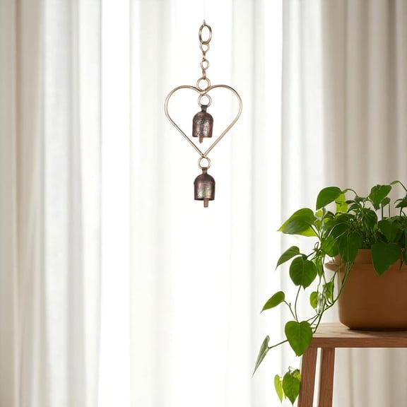 Vivanta Rustic Metal Heart Bell Wind Chime Heart-Shaped Decorative Bell with Antique Brass Finish Hanging Indoor Outdoor Farmhouse Decor Valentine's Gift or Garden Accent 8.5 x 3.75 Inch