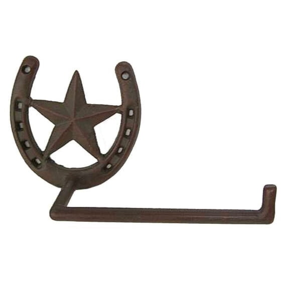 Rustic Metal Wall Mounted Toilet Paper Holder Western Star and Horseshoe Decorative Bathroom Tissue Roll Dispenser Farmhouse Cowboy Decor for Rustic or Western Restrooms