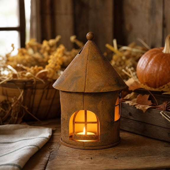 Rustic Metal House Candle Holder Vintage Cutout Tea Light Lantern with Arched Windows for Tabletop Styling