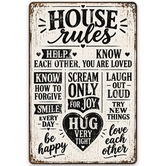 Rustic Metal House Rules Wall Decor Sign 8x12 Inch - Inspirational Family Quote Art for Home, Easy Hanging with Pre-Drilled Holes, Vintage Style Iron Wall Decoration, Weather Resistant Finish