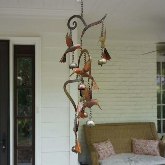 Rustic Metal Humming Bird Wind Chime Stake with Antique Bells, 33" Tall, Purple scrollwrok Humming Bird