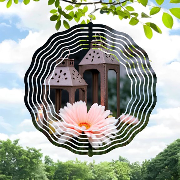 Rustic Metal Lanterns with Intricate Cut - Out Designs - Modern Circular Wave Pattern Wind Spinners & Chimes for Garden Decor