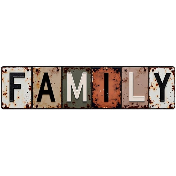 Rustic Metal Letter Blocks Family Word Tin Sign Vintage Metal Wall Poster Home Bedroom Office Kitchen Decor 4x16 Inch