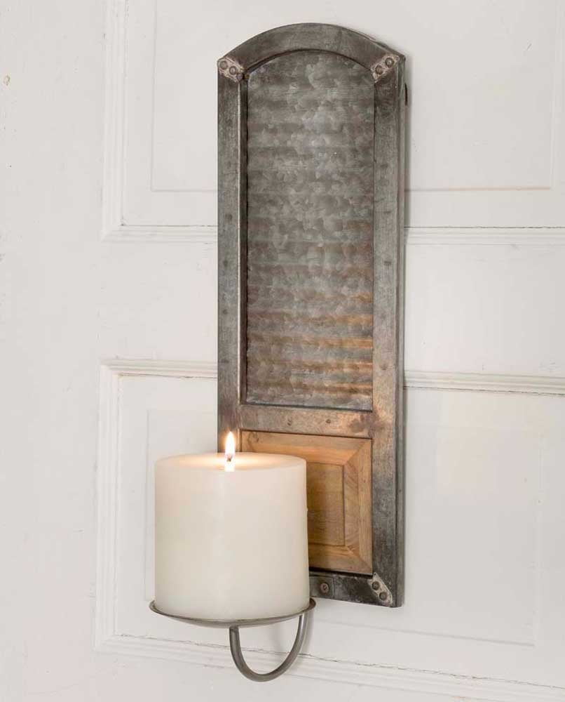 Rustic Metal Washboard Pillar Candle Wall Sconce