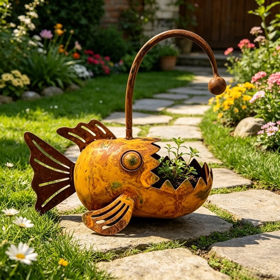 Rustic Metal Planter Whimsical Angler Fish Garden Flower Pot Weatherproof Decorative Succulent Planter for Patio Yard Balcony Home Outdoor