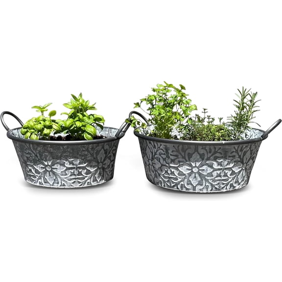 Rustic Metal Planters, Set of 2, Floral Pattern, White Washed Finish, Metal, Cache Pot Jardinieres, Distressed Grey Finish, 14.5 and 12.5 Diameter