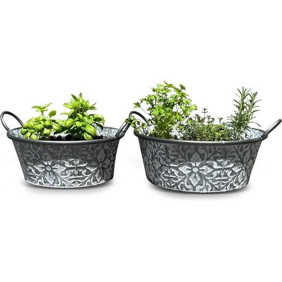 Rustic Metal Planters, Set of 2, Floral Pattern, White Washed Finish, Metal, Cache Pot Jardinieres, Distressed Grey Finish, 14.5 and 12.5 Diameter