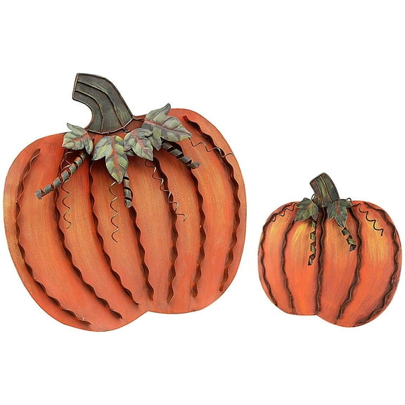 Rustic Metal Pumpkin Decoration,Set of 2,Free Standing Metal Flat Pumpkins for Fall Harvest DecorThanksgiving Halloween Outdoor Decoration