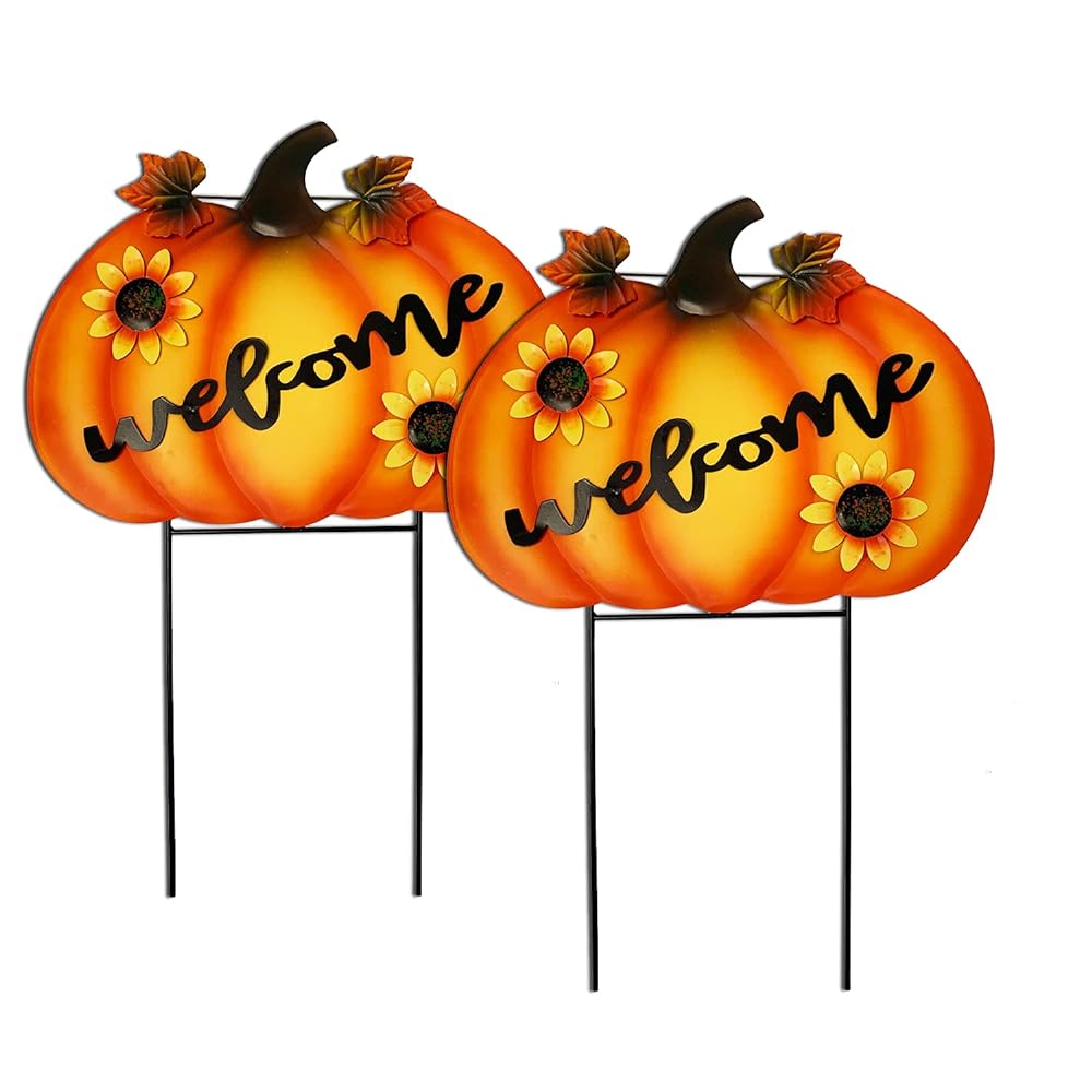 Rustic Metal Pumpkin Garden Stake Outdoor Fall Decoration For Home