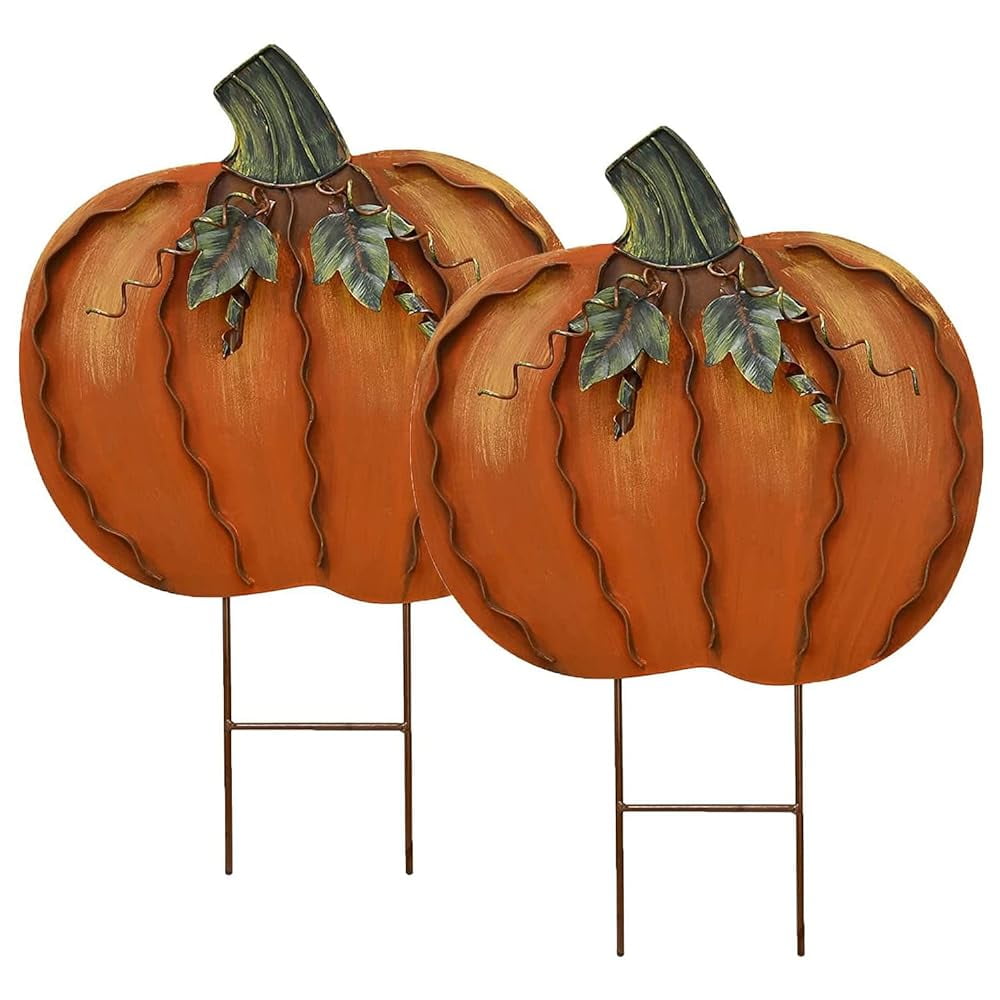 Rustic Metal Pumpkin Garden Stakes Outdoor Decorations For Home