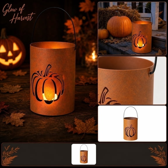 Rustic Metal Pumpkin Lantern, Hollow Halloween Candle Holder, Distressed Rust Orange Finish, Portable Hanging Light Bucket for Fall Harvest Porch Decor