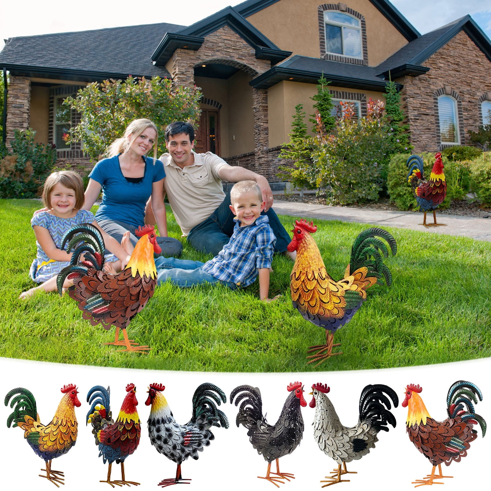 Rustic Metal Rooster Garden Stakes,16x13" Chicken Garden Animals Sculpture Lawn Ornament,Standing Animal Lawn Ornament for Backyard Patio Kitchen Decorations