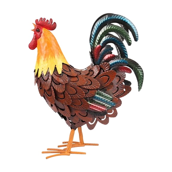 Rustic Metal Rooster Garden Statue, Hand-Painted Iron Decorative Yard Accent, Farmhouse Outdoor Lawn Decor, All-Weather with Hand-Forged Craftsmanship