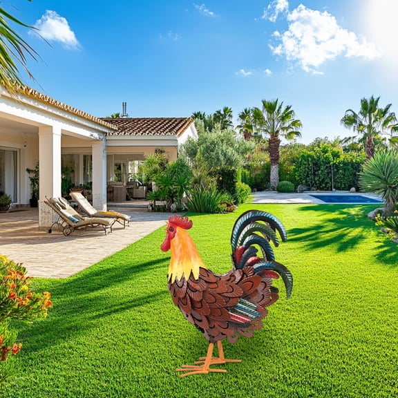 Rustic Metal Rooster Garden Statue Iron Outdoor Decor for Yards and Patios, Hand-Painted, Weather-Resistant for Year-Round Display E