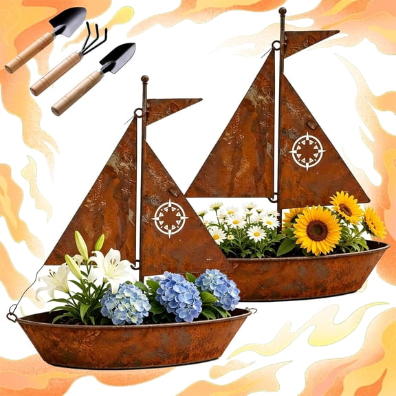 Rustic Metal Sailboat Planter for Patio Balcony Office2