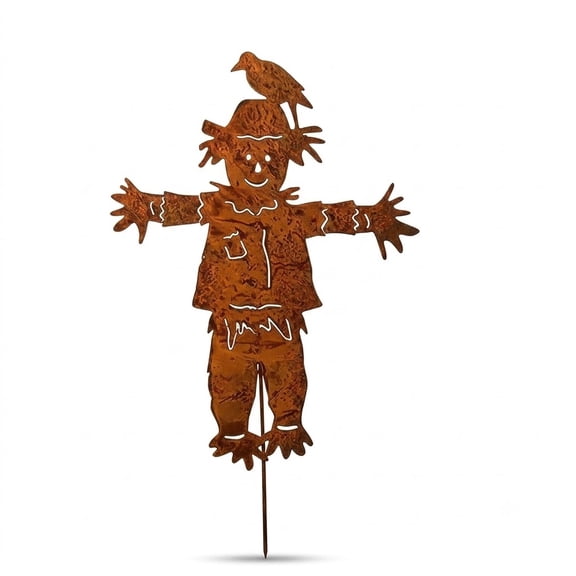 Rustic Metal Scarecrow Garden Stake with Crow, 27" Rusty Weathered Scarecrow for Outside, Farmhouse, Garden and Autumn Yard Decoration (1 PC)Rustic Metal Scarecrow Garden Stake with Crow, 27"