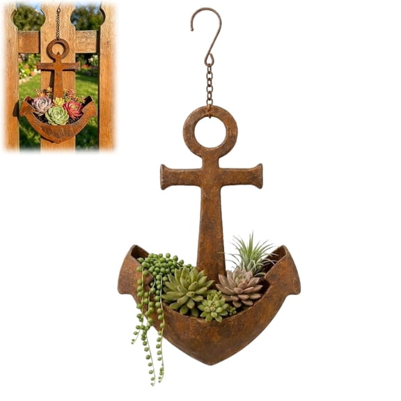 Rustic Metal Ship Anchor Hanging Planter,Nautical Ship Anchor Shape Outdoor Garden Succulent Pot,Coastal Sailboat Theme Wall Mounted Succulent Holder,Garden Patio Fence Yard Decor