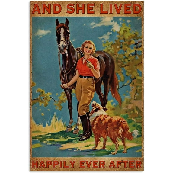 Rustic Metal Signs Horse Dog She Lived Happily Happily Ever Sign Vintage Tin Sign Chic Art Wall Metal Decorations Funny Iron Plaque Signs Gift for Living Room Office 8x12 Inch