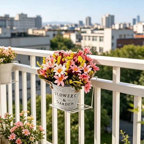 Rustic Metal Tin Bucket Artificial Daisy Potted Bonsai, Multiple Styles Optional Faux Floral Arrangement, Decorative Ornament for Farmhouse/Table/Kitchen/Windowsill/Country Home Decoration, A
