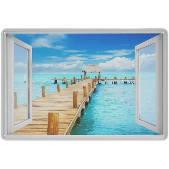 Rustic Metal Tin Sign Beach Bathroom Wall Art Coastal Ocean Landscape Window Decor for Living Room Bedroom 8x12 Inch