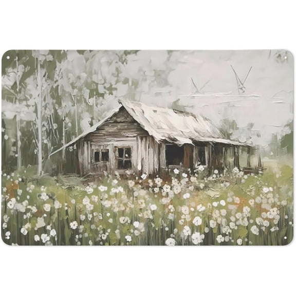 Rustic Metal Tin Sign Old Barn Wall Art Abstract Rustic Farmhouse Oil Painting Print White Flower Field Picture Country Scenery Poster Vintage Artwork for Living Room Kitchens Decor 8x12 Inch