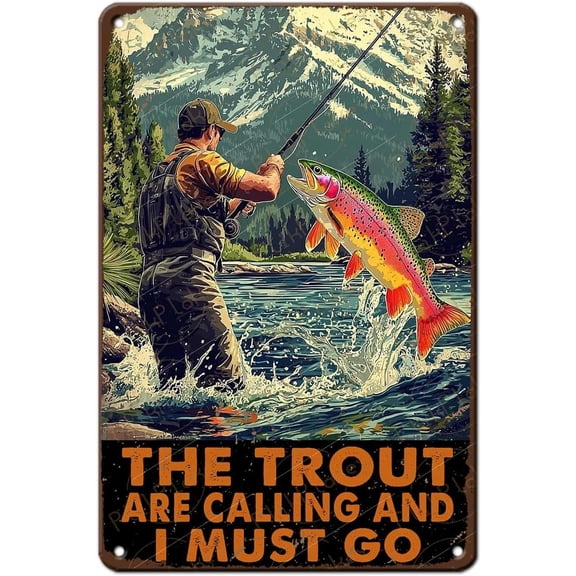 Rustic Metal Tin Wall Art Sign with Trout Quote 12x8 Inch for Cabin Garage Man Cave Decor