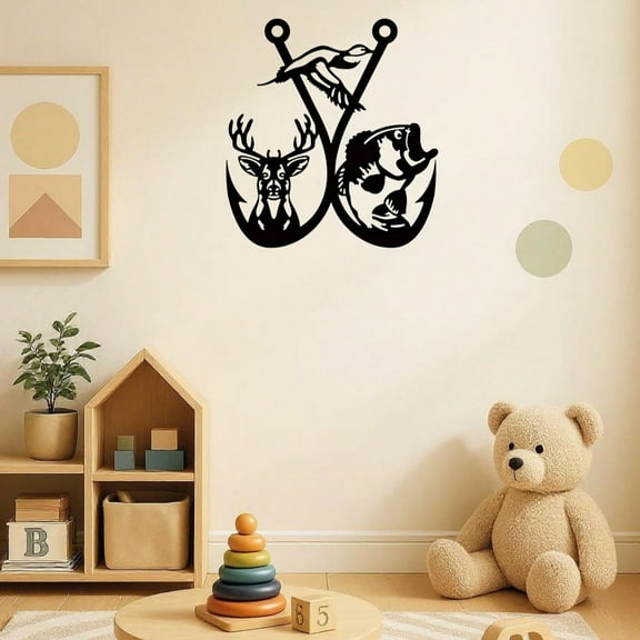 "Rustic Metal Wall Art Decor - Fishing & Hunting Theme Wall Hanging Sign, Deer & Fish Hook Cabin Decor, Vintage Home Sculpture For Living Room, Bedroom, Bathroom, Lodge, Or Man Cave"