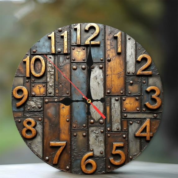 Rustic Metal Wall Clock Vintage Industrial Home Decor 10-Inch Silent Wooden Wall Clock, Battery Operated (AA Batteries Not Included), Artistic Home Decor