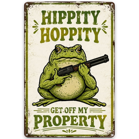 Rustic Metal Wall Decor Sign 8x12 Inch - "Hippity Hoppity Get Off My Property" Funny Frog Art - Weather Resistant Iron Plaque for Indoor Outdoor Home, Porch, Garden, Man Cave Decor