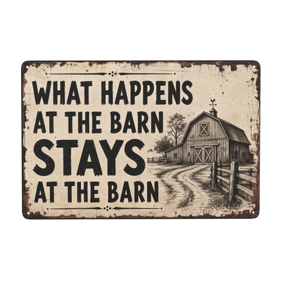 Rustic Metal Wall Decor Sign 8x12 Inch, Vintage Farm Barn Theme Hanging Iron Sign with “What Happens at the Barn Stays at the Barn” Quote, Country Style Home De