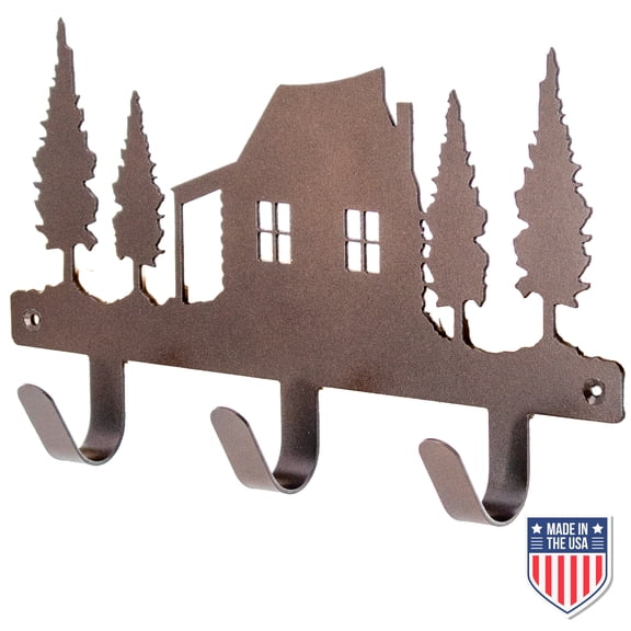 Rustic Metal Wall Hook Rack  3 Hooks with Pine Tree Cabin Silhouette, Matte Bronze Entryway Organizer