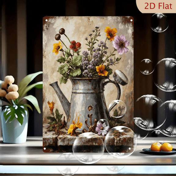 Rustic Metal Watering Can with Wildflowers 8x12 Inches, Vintage Still Life Wall Art Painting on Canvas, Weathered Silver Grey Tin Print with Yellow Pansies and Purple Blooms for Home Decor