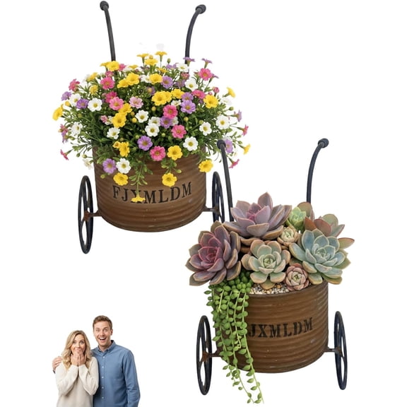 Rustic Metal Wheelbarrow Planter, 2 Pack Vintage Garden Cart Flower Pot for Succulents Herbs, Farmhouse Outdoor Garden Decor (k)
